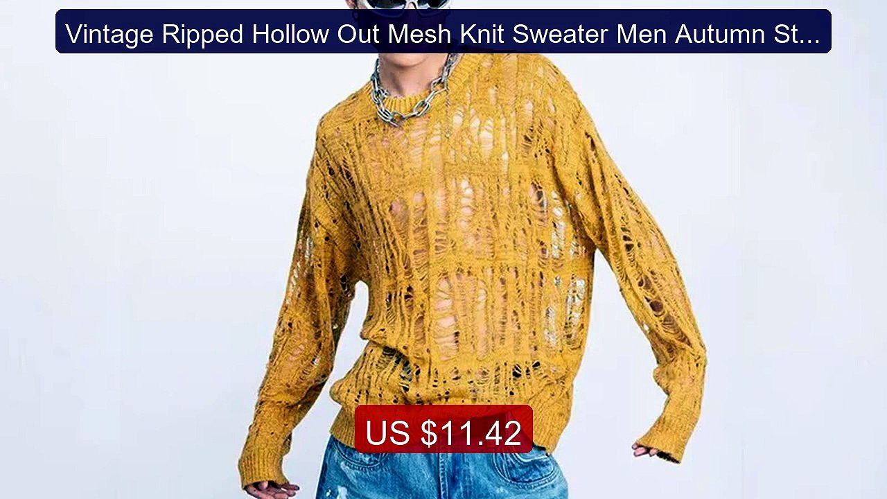 Vintage Ripped Hollow Out Mesh Knit Sweater Men Autumn Streetwear ... -- Best Deal 2026 | Shop Now!