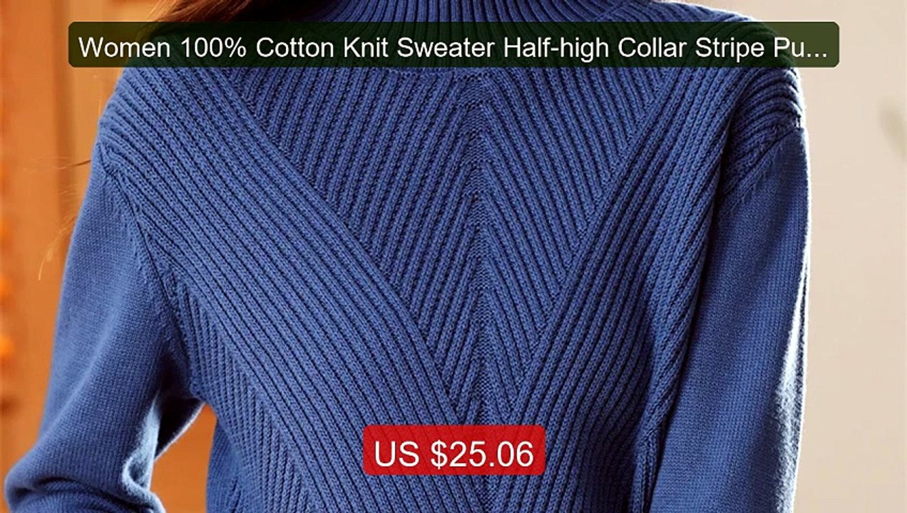 Women 100% Cotton Knit Sweater Half-high Collar Stripe Pullove... -- Hot Deal 2026 | Limited Offer!