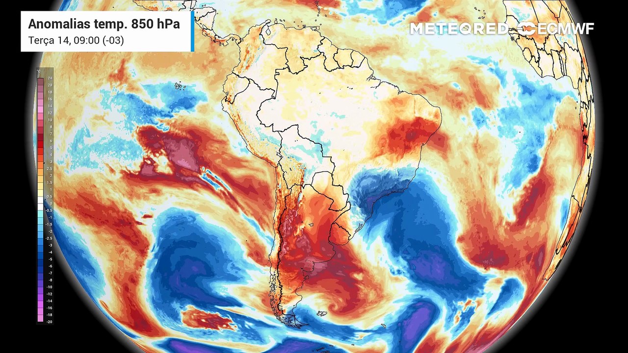 Terça-feira, 14 de julho: Anomalia de temperatura em 850 hPa.