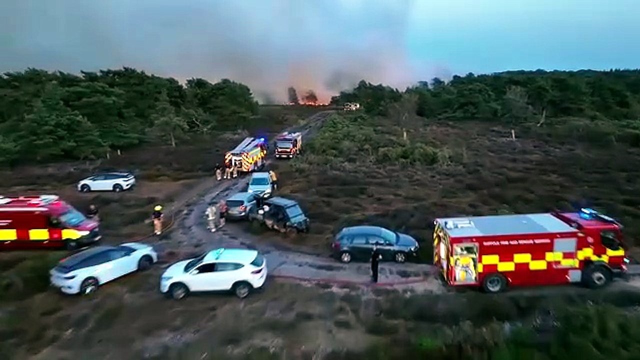 Drone footage shows scale of Suffolk wildfires as firefighters battle huge blaze