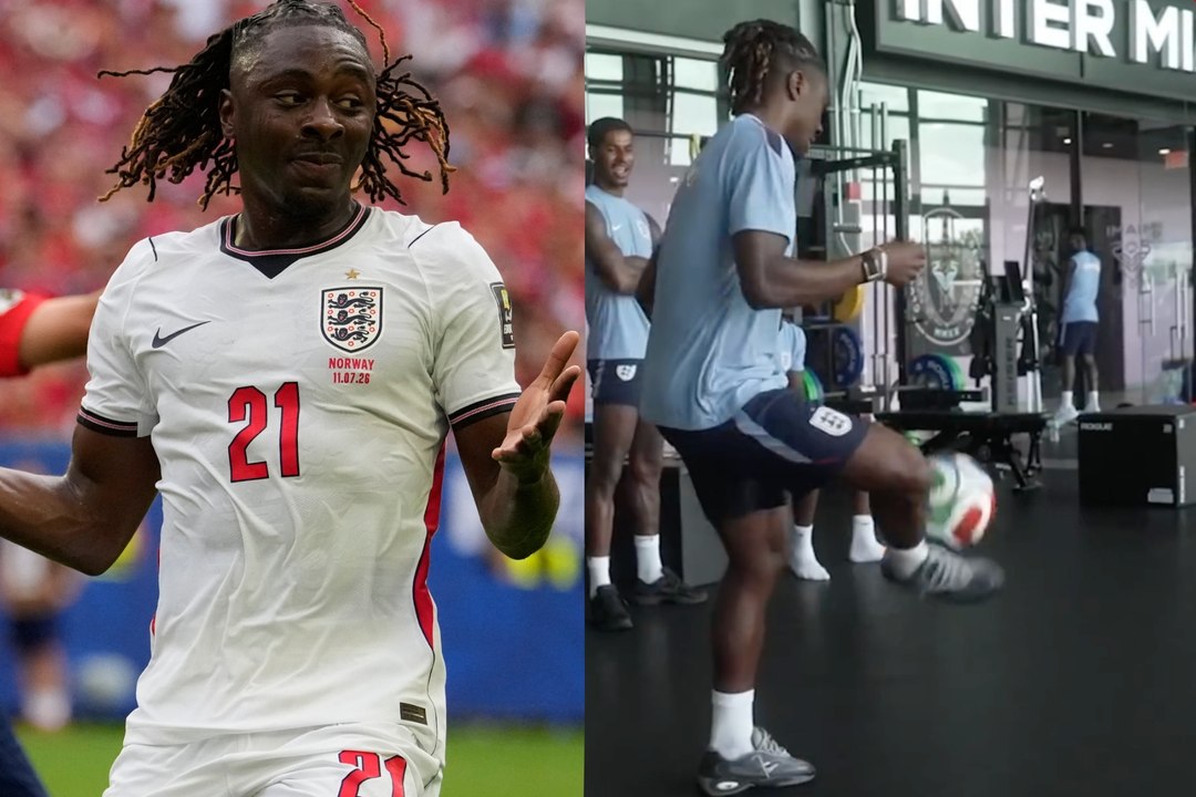 Eberechi Eze takes England teammate Kobbie Mainoo to school during a skills challenge