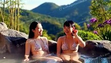 ビキニの水着姿の胸の大きな2人の日本人女子大生が露天風呂に浸かっている