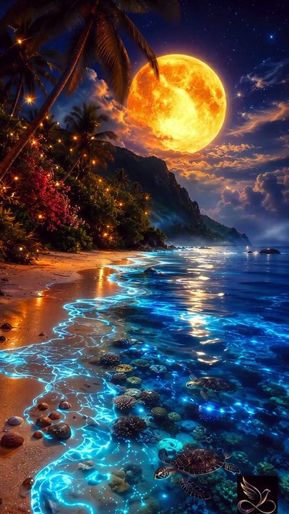 Moonlit Tropical Paradise | Relaxing 4K AI Fantasy Beach with Glowing Waves