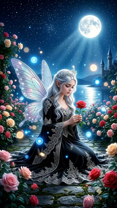 Lonely fairy in a flowers garden.