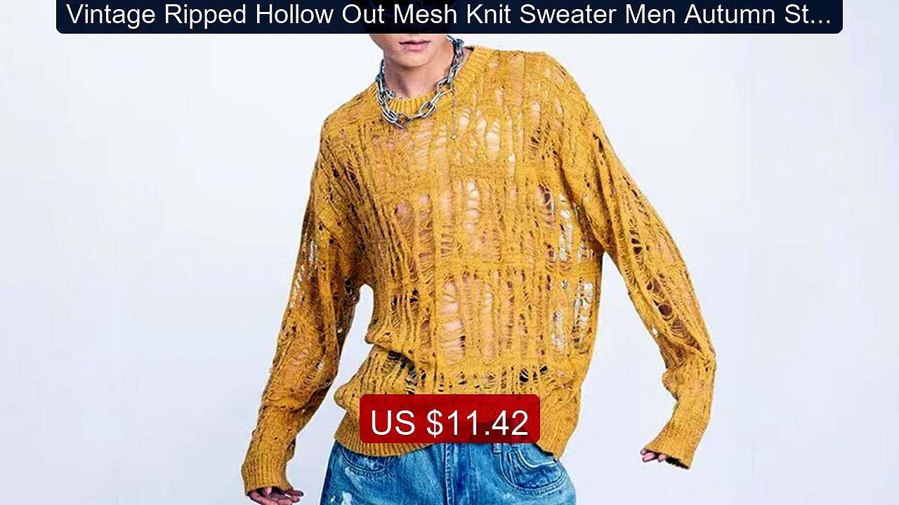 Vintage Ripped Hollow Out Mesh Knit Sweater Men Autumn Stre... -- Top Pick 2026 | Unbeatable Price!