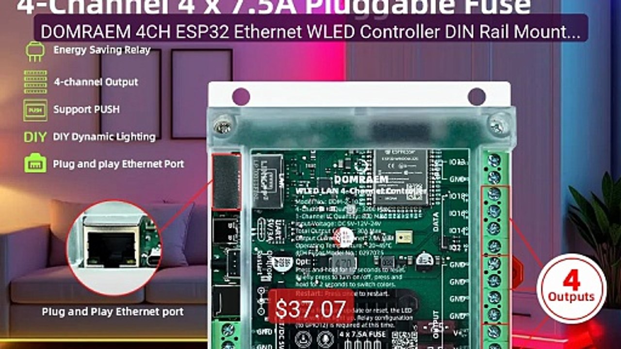 DOMRAEM 4CH ESP32 Ethernet WLED Controller DIN Rail Mount 30A ... -- Best Buy 2026 | Great Quality!