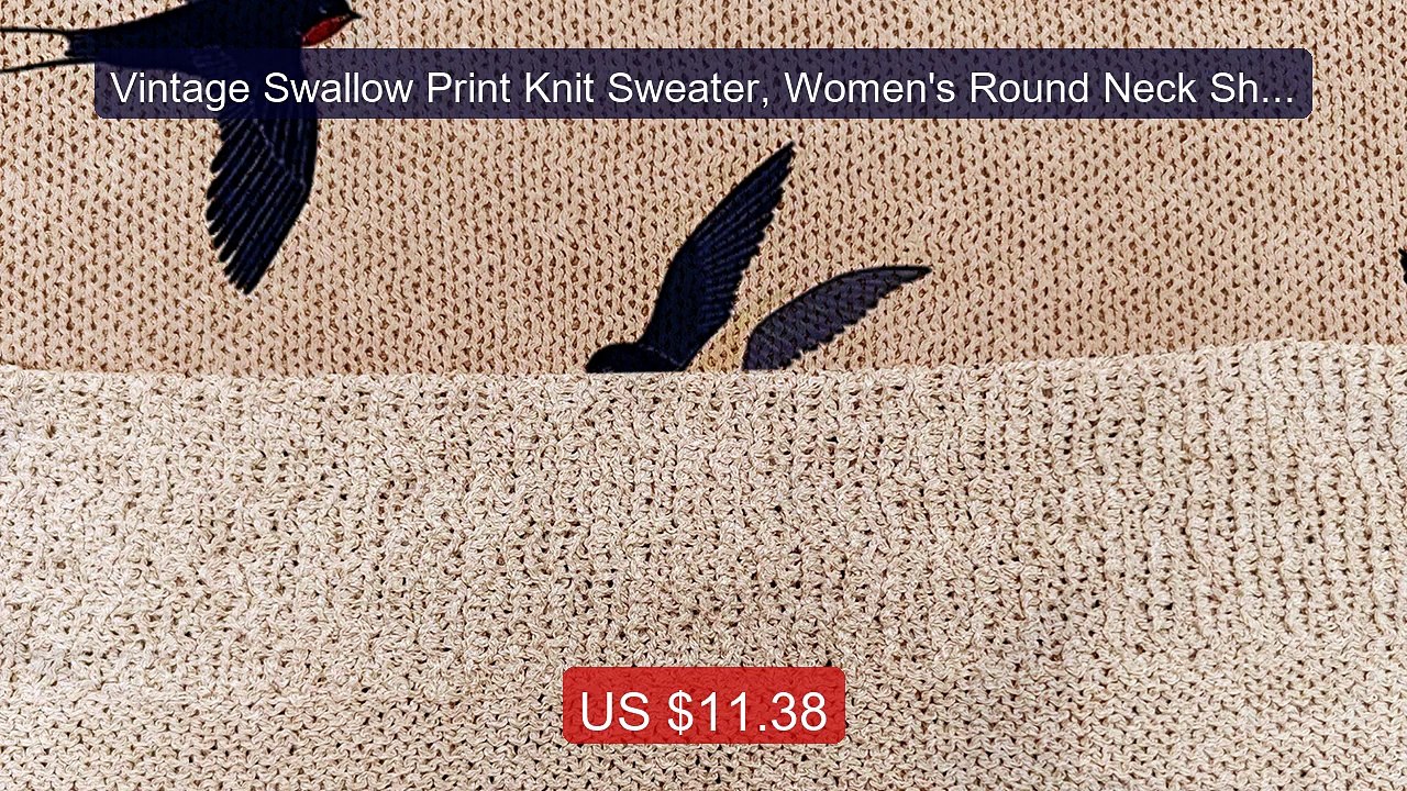 Vintage Swallow Print Knit Sweater, Women's Round Neck Short-... -- Amazing Value 2026 | Must Have!