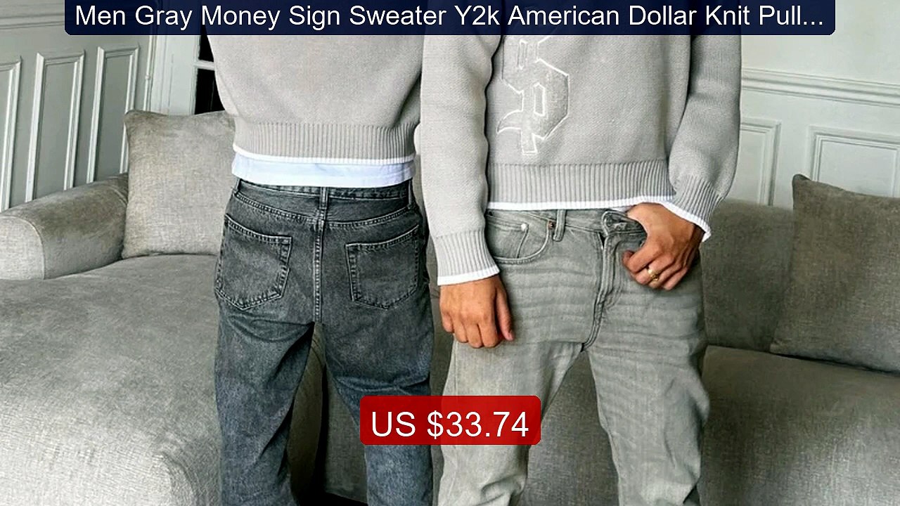 Men Gray Money Sign Sweater Y2k American Dollar Knit Pullov... -- Top Pick 2026 | Unbeatable Price!