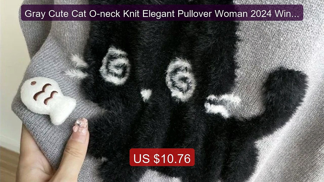 Gray Cute Cat O-neck Knit Elegant Pullover Woman 2024 Winter D... -- Hot Deal 2026 | Limited Offer!