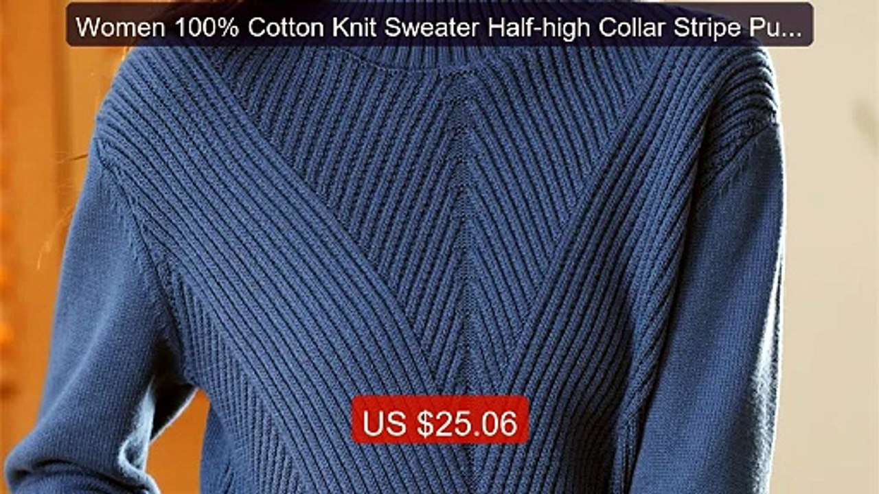 Women 100% Cotton Knit Sweater Half-high Collar Stripe Pullover Aut... -- Top Rated 2026 | Buy Now!