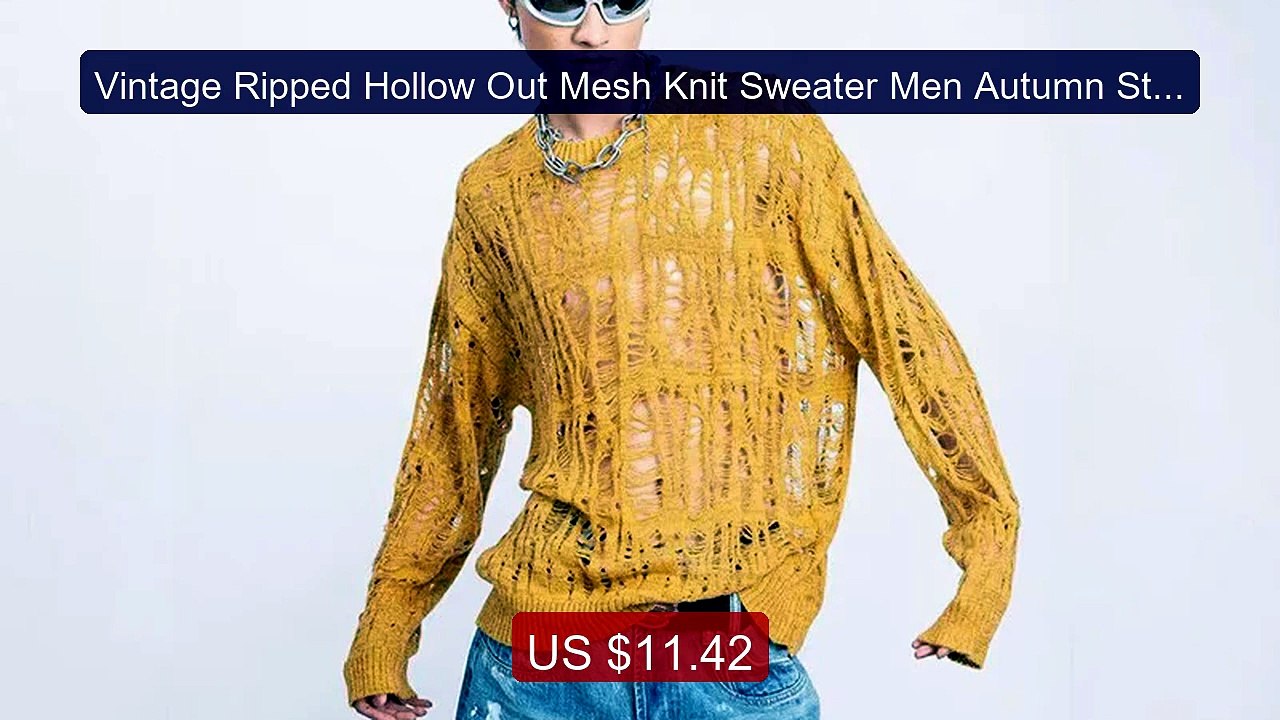 Vintage Ripped Hollow Out Mesh Knit Sweater Men Autumn Stre... -- Top Pick 2026 | Unbeatable Price!