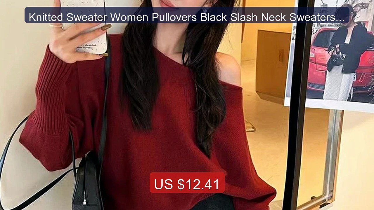 Knitted Sweater Women Pullovers Black Slash Neck Sweaters Knit... -- Best Buy 2026 | Great Quality!