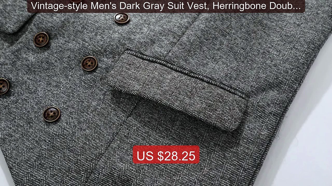 Vintage-style Men's Dark Gray Suit Vest, Herringbone Double... -- Top Pick 2026 | Unbeatable Price!