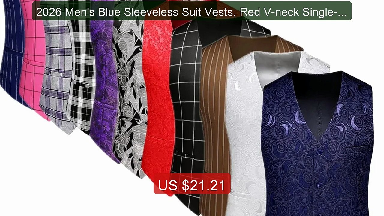 2026 Men's Blue Sleeveless Suit Vests, Red V-neck Single-breas... -- Hot Deal 2026 | Limited Offer!