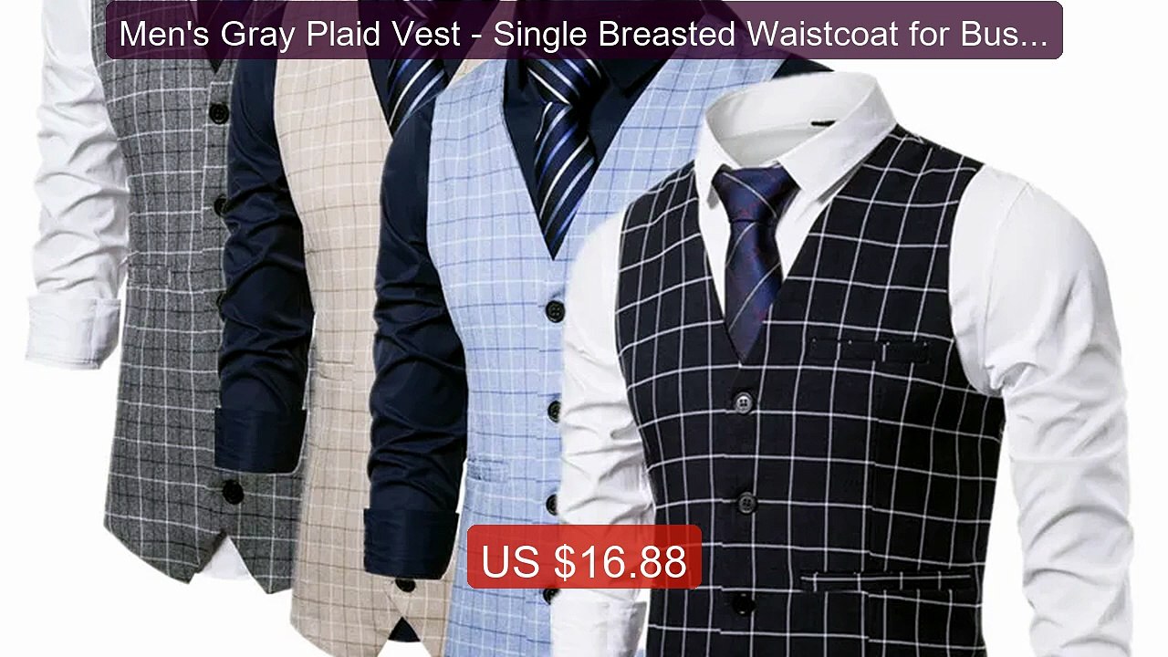 Men's Gray Plaid Vest - Single Breasted Waistcoat for Busin... -- Top Pick 2026 | Unbeatable Price!
