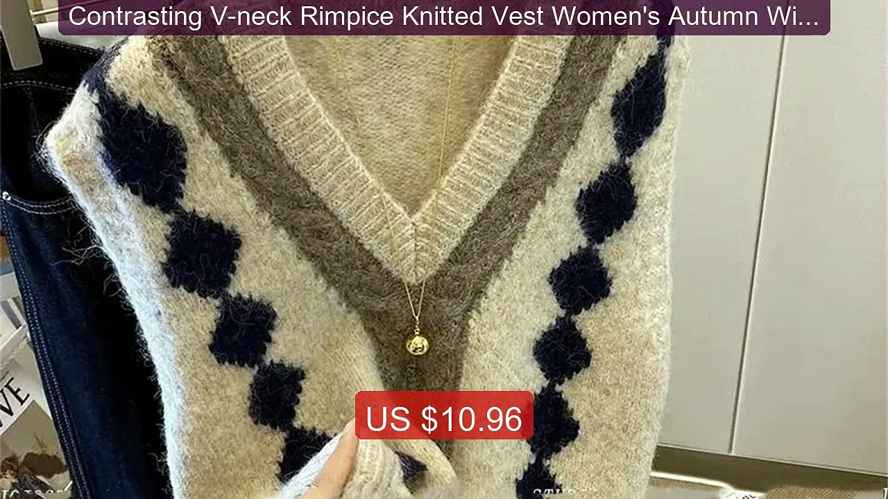 Contrasting V-neck Rimpice Knitted Vest Women's Autumn Winter 2023... -- Best Deal 2026 | Shop Now!
