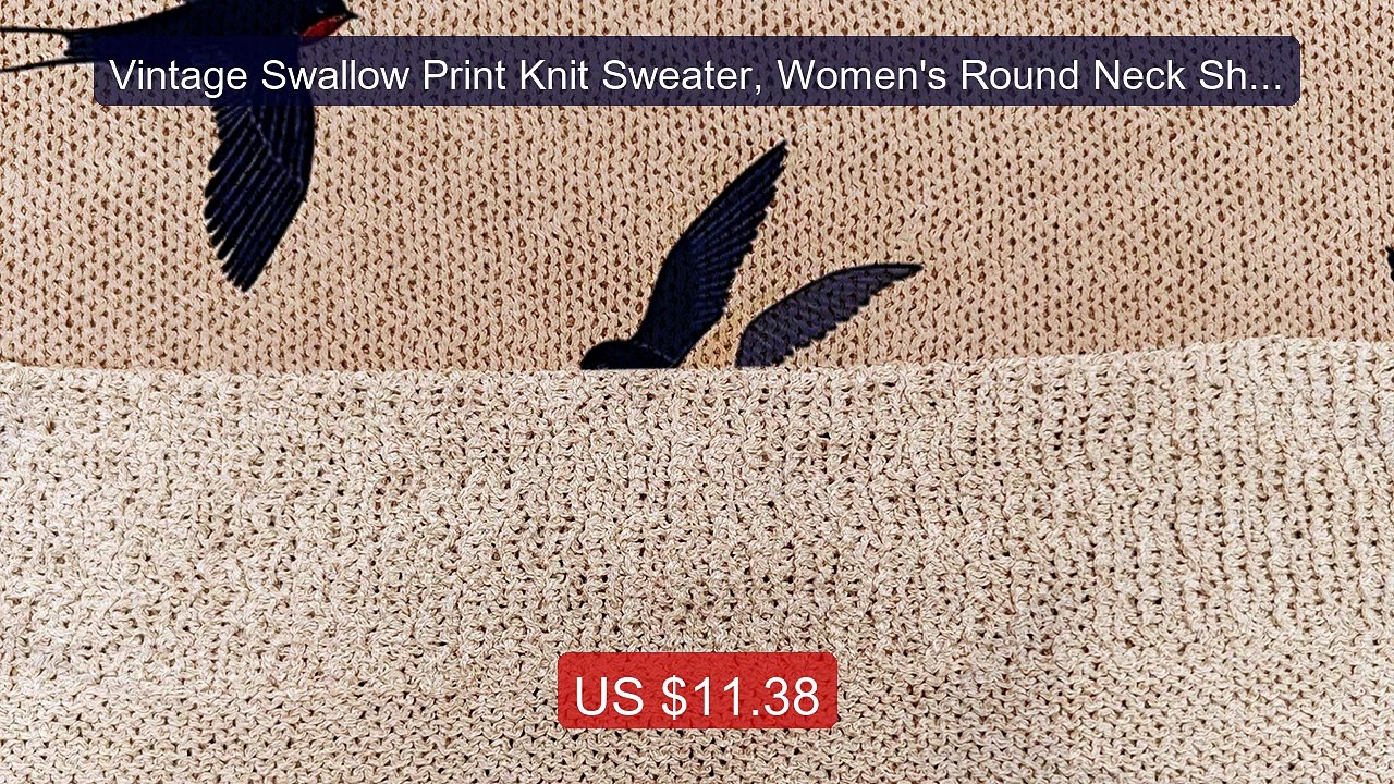 Vintage Swallow Print Knit Sweater, Women's Round Neck Short-S... -- Hot Deal 2026 | Limited Offer!