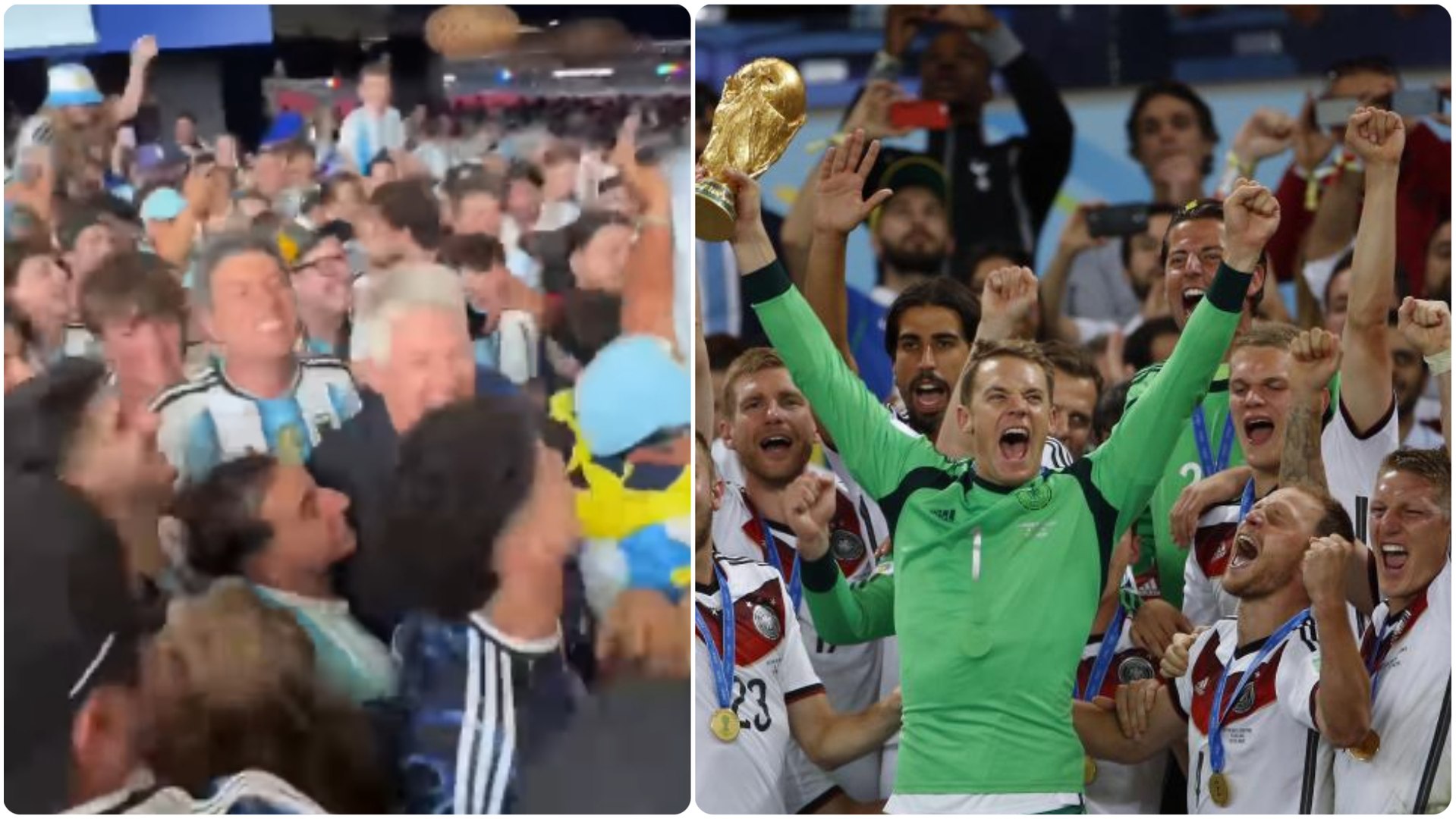 Schweinsteiger celebra con la hinchada argentina tras haberla eliminado tres veces en los Mundiales