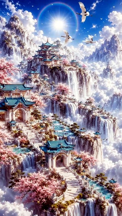 Cascade waterfall and aerial view of a mountain village.