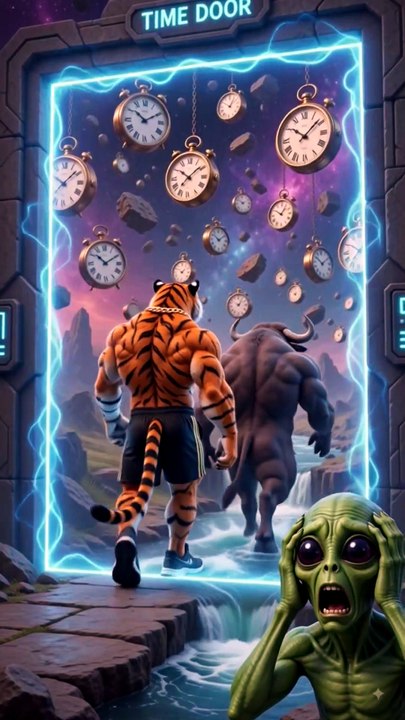 😂 Buffalo 🐃 & Tiger 🐯 vs Time Door 👽 | Galaxy Time Heroes! | Funny AI Animation