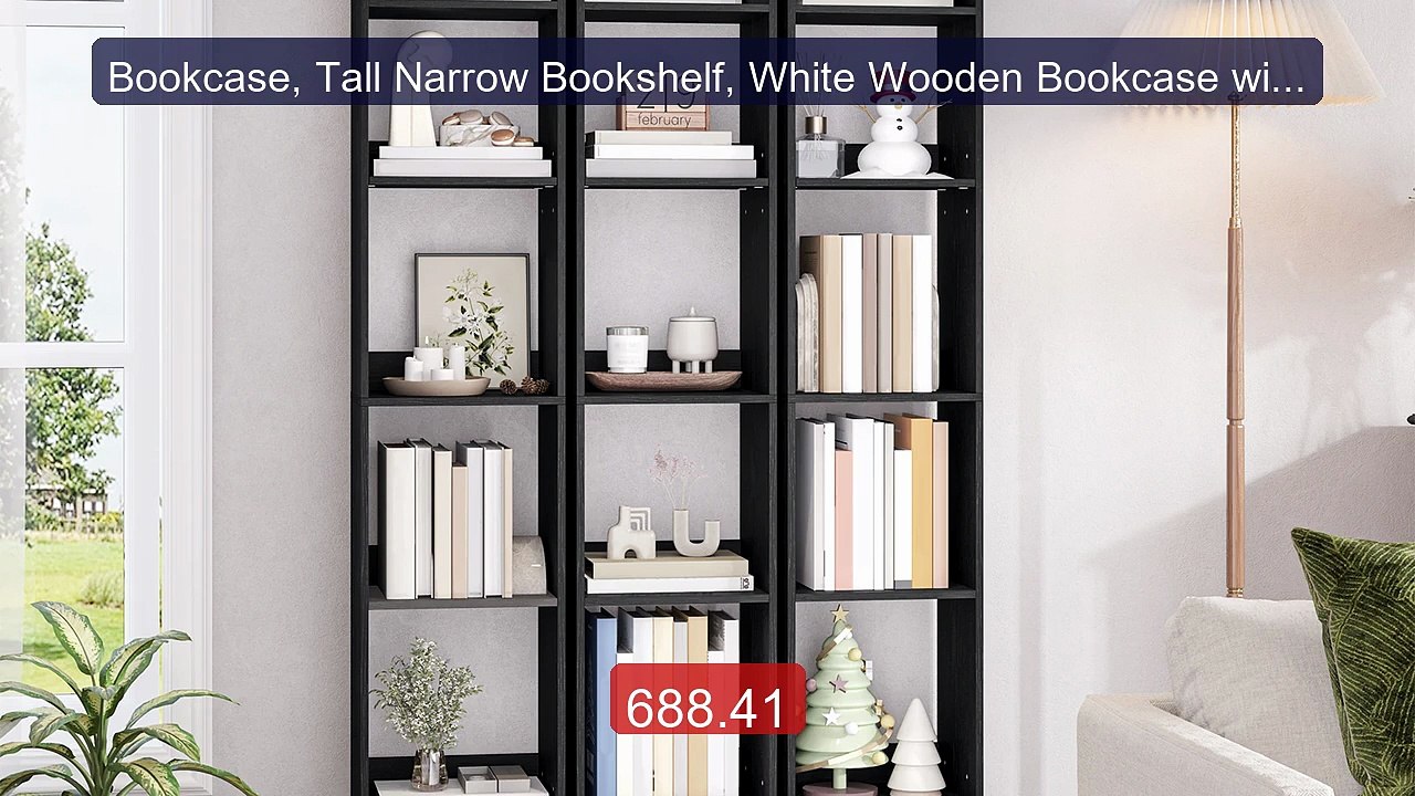 Bookcase, Tall Narrow Bookshelf, White Wooden B...