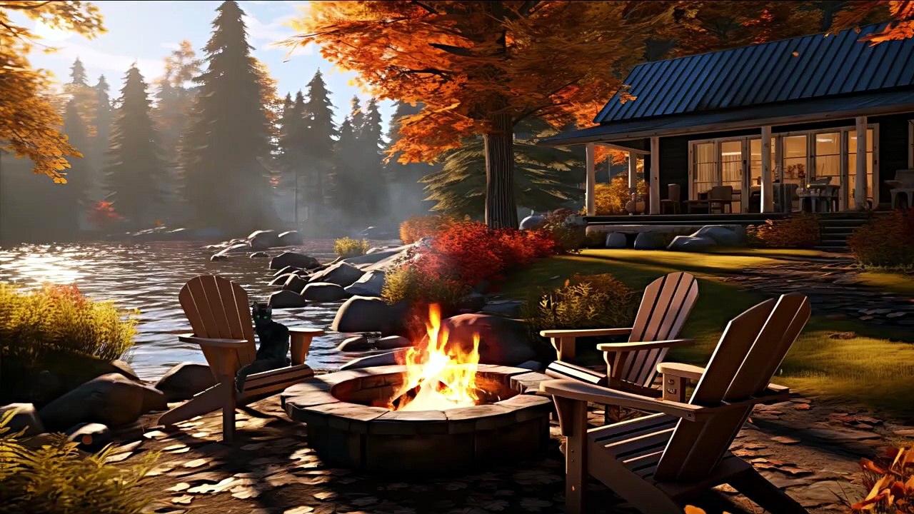 Warm Autumn Afternoon by the Lake 🍁 _ Gentle Piano and Crackling Fire for Relaxation