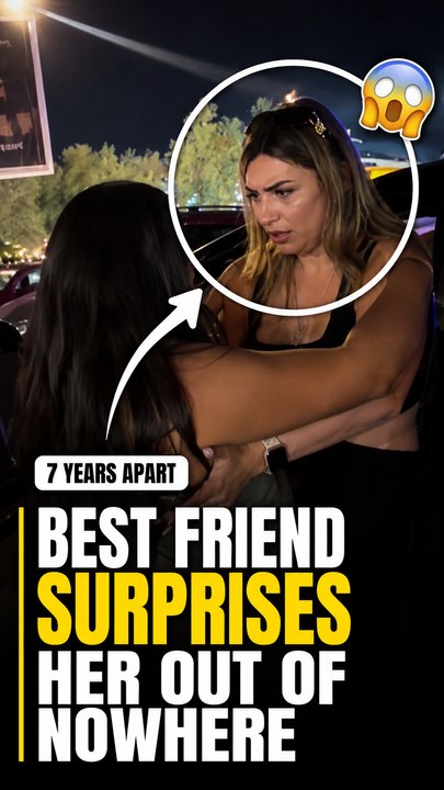 The best friend reacts with pure joy when her friend surprises her after seven years