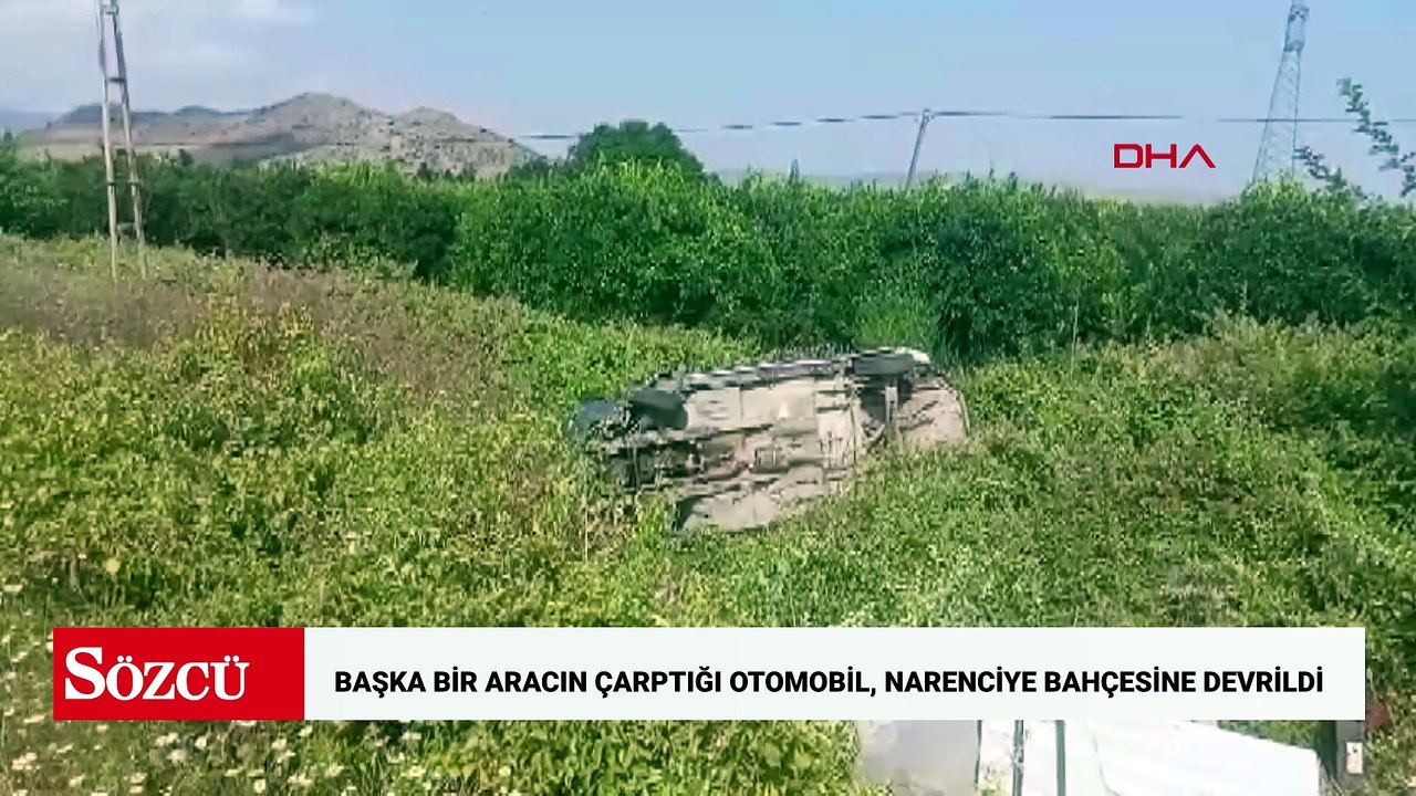 Başka bir aracın çarptığı otomobil, narenciye bahçesine devrildi