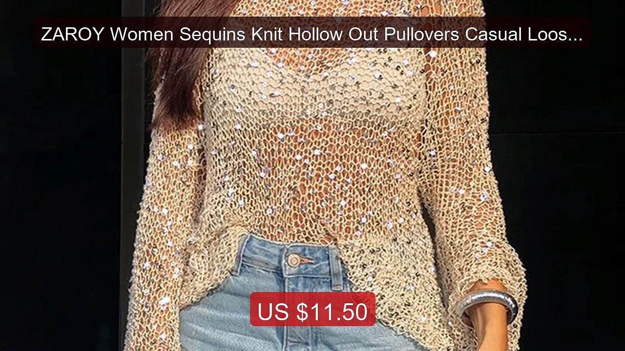 ZAROY Women Sequins Knit Hollow Out Pullovers Casual Loose Lon... -- Best Buy 2026 | Great Quality!