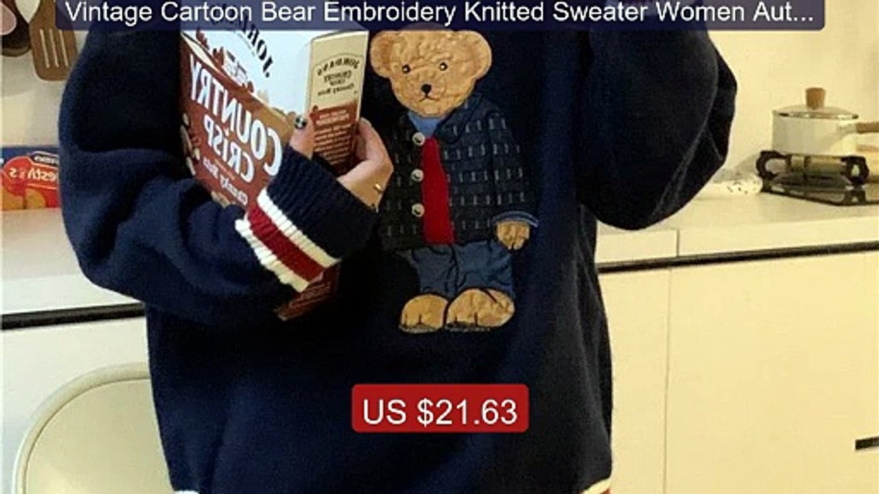 Vintage Cartoon Bear Embroidery Knitted Sweater Women Autumn ... -- Amazing Value 2026 | Must Have!