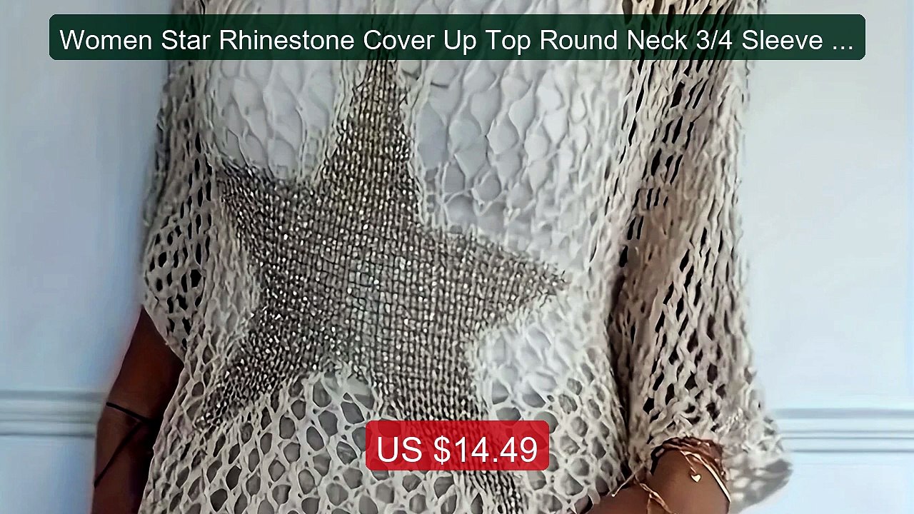Women Star Rhinestone Cover Up Top Round Neck 3/4 Sleeve Hollow Ou... -- Best Deal 2026 | Shop Now!