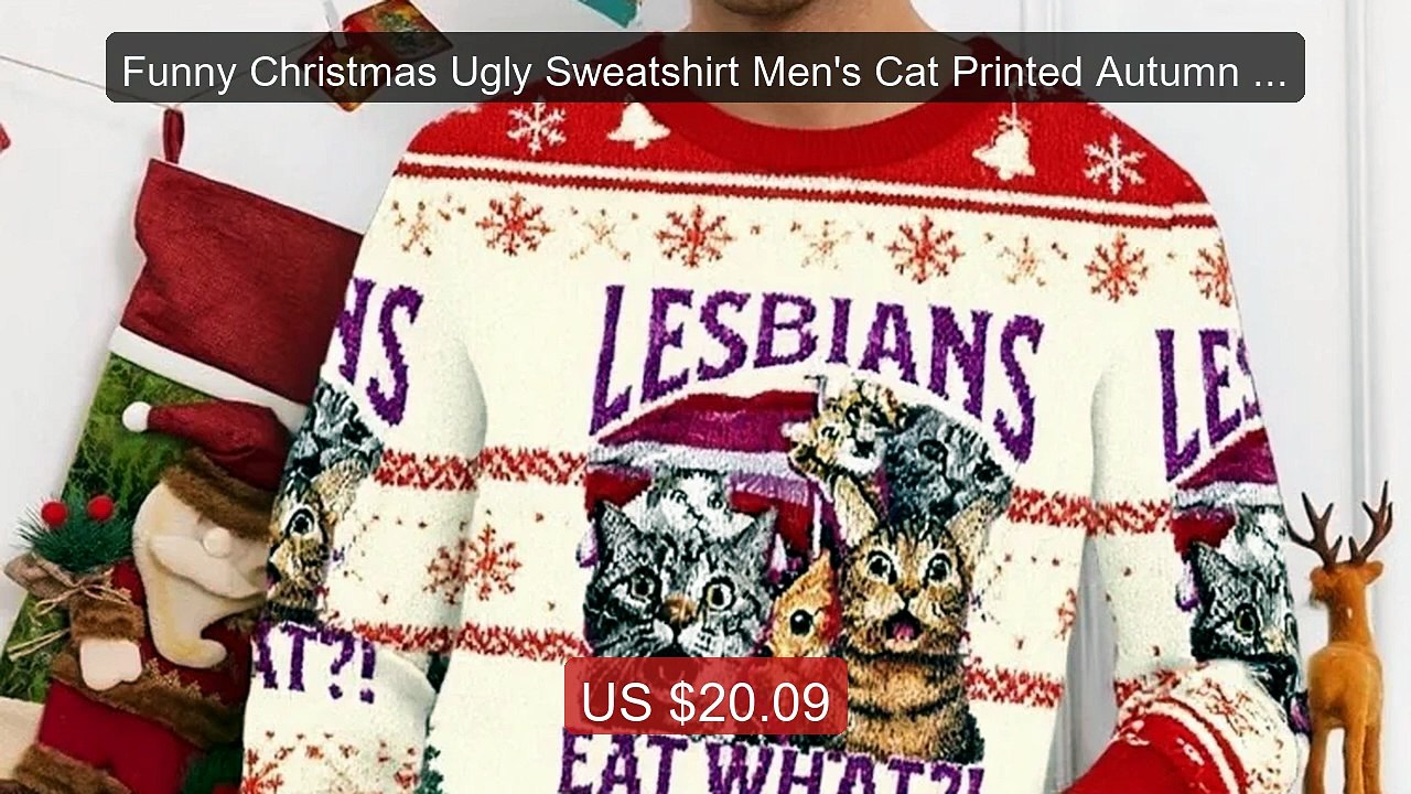 Funny Christmas Ugly Sweatshirt Men's Cat Printed Autumn Long... -- Amazing Value 2026 | Must Have!