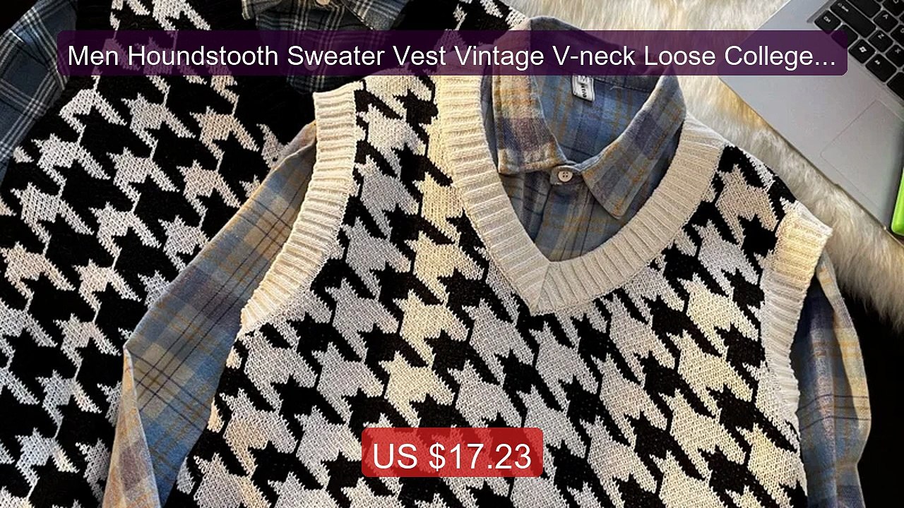 Men Houndstooth Sweater Vest Vintage V-neck Loose College All-... -- Hot Deal 2026 | Limited Offer!