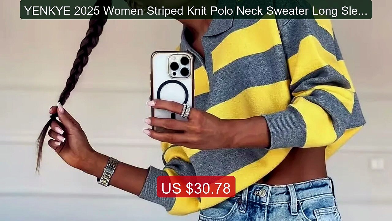 YENKYE 2025 Women Striped Knit Polo Neck Sweater Long Sleeve Casua... -- Best Deal 2026 | Shop Now!