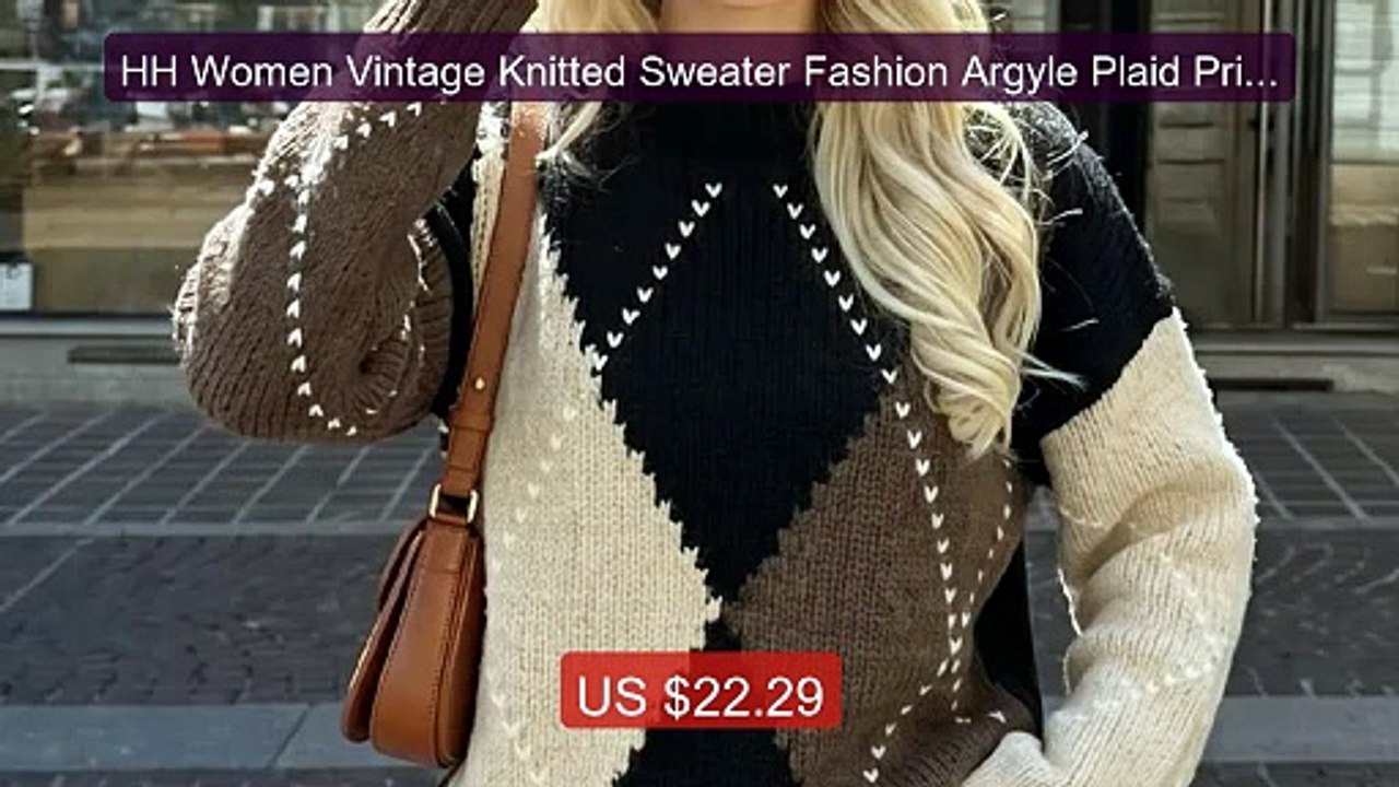 HH Women Vintage Knitted Sweater Fashion Argyle Plaid Print Wa... -- Hot Deal 2026 | Limited Offer!
