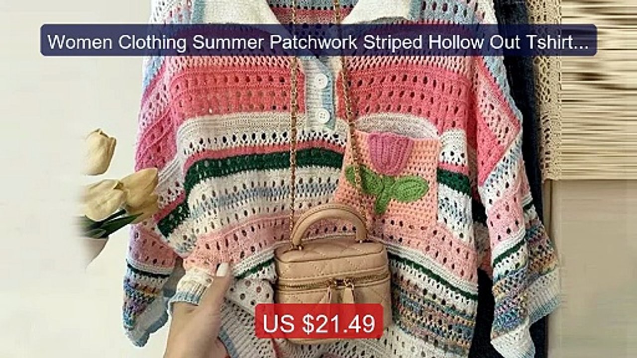 Women Clothing Summer Patchwork Striped Hollow Out Tshirt Short Sl... -- Best Deal 2026 | Shop Now!