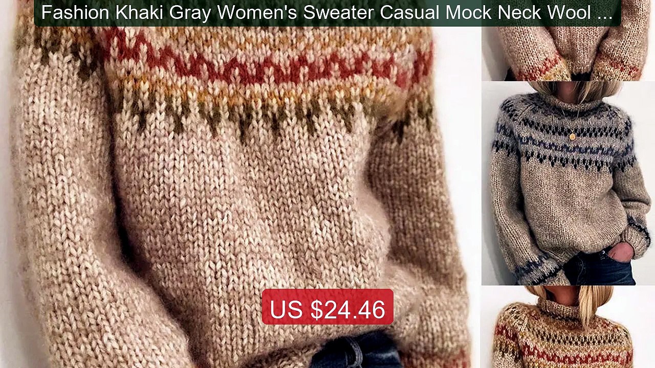 Fashion Khaki Gray Women's Sweater Casual Mock Neck Wool Pullover ... -- Best Deal 2026 | Shop Now!