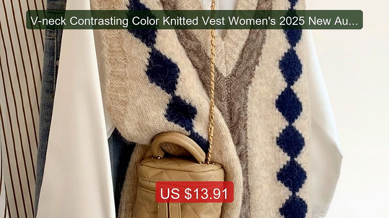 V-neck Contrasting Color Knitted Vest Women's 2025 New Autumn and ... -- Best Deal 2026 | Shop Now!