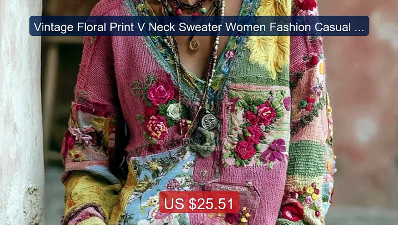 Vintage Floral Print V Neck Sweater Women Fashion Casual Europ... -- Best Buy 2026 | Great Quality!