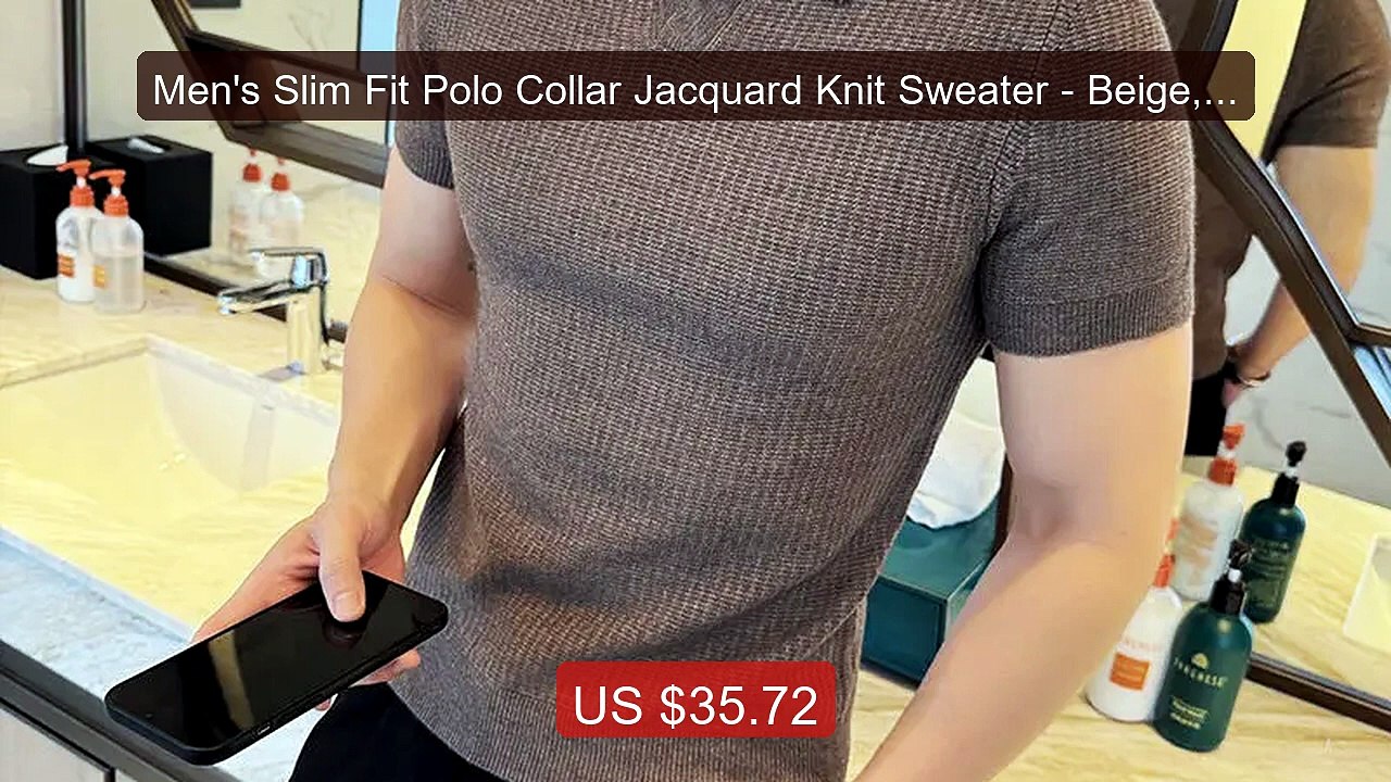 Men's Slim Fit Polo Collar Jacquard Knit Sweater - Beige, Gra... -- Amazing Value 2026 | Must Have!