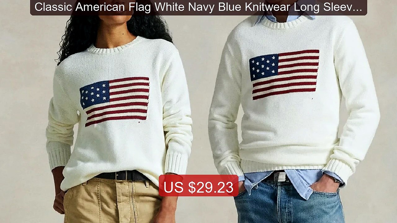 Classic American Flag White Navy Blue Knitwear Long Sleeves Ro... -- Hot Deal 2026 | Limited Offer!