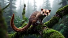 Olingo leaping between cloud forest branches in the Andean mist Jungle animal