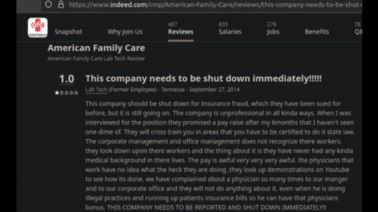 Majority Of 478+ Indeed Employee Reviews Report Negative AFC Urgent Care Work Environment / Managers