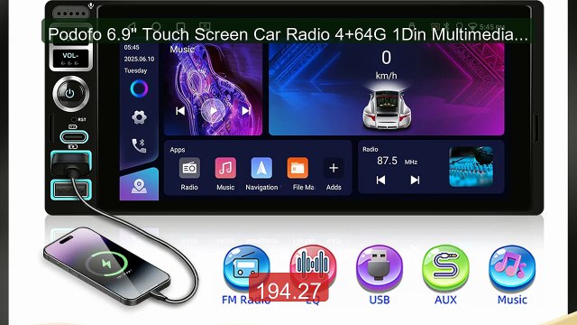Podofo 6.9'' Touch Screen Car Radio 4+64G 1Din Multimedia P... Top Pick 2026 | Unbeatable Price!