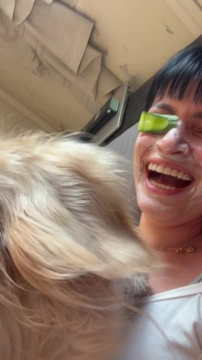Dog Licks Woman's Natural Face Mask and Eats Cucumber Covering Her Eyes