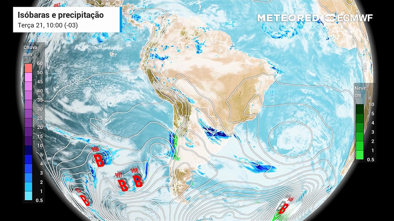 Terça-feira, 21 de julho: Previsão de nebulosidade, chuva e pressão a nível médio do mar