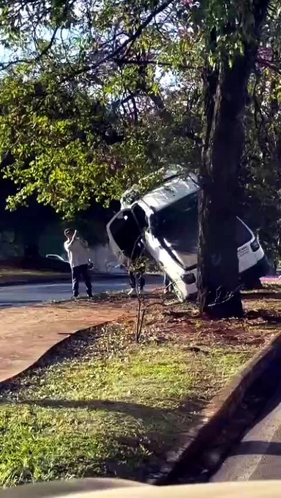 Carro perde o freio e fica pendurado em árvore após motorista evitar tragédia