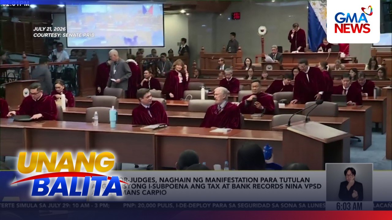 5 senator-judges, naghain ng manifestation para tutulan ang desisyong i-subpoena ang tax at bank records nina VPSD at Atty. Mans Carpio | Unang Balita