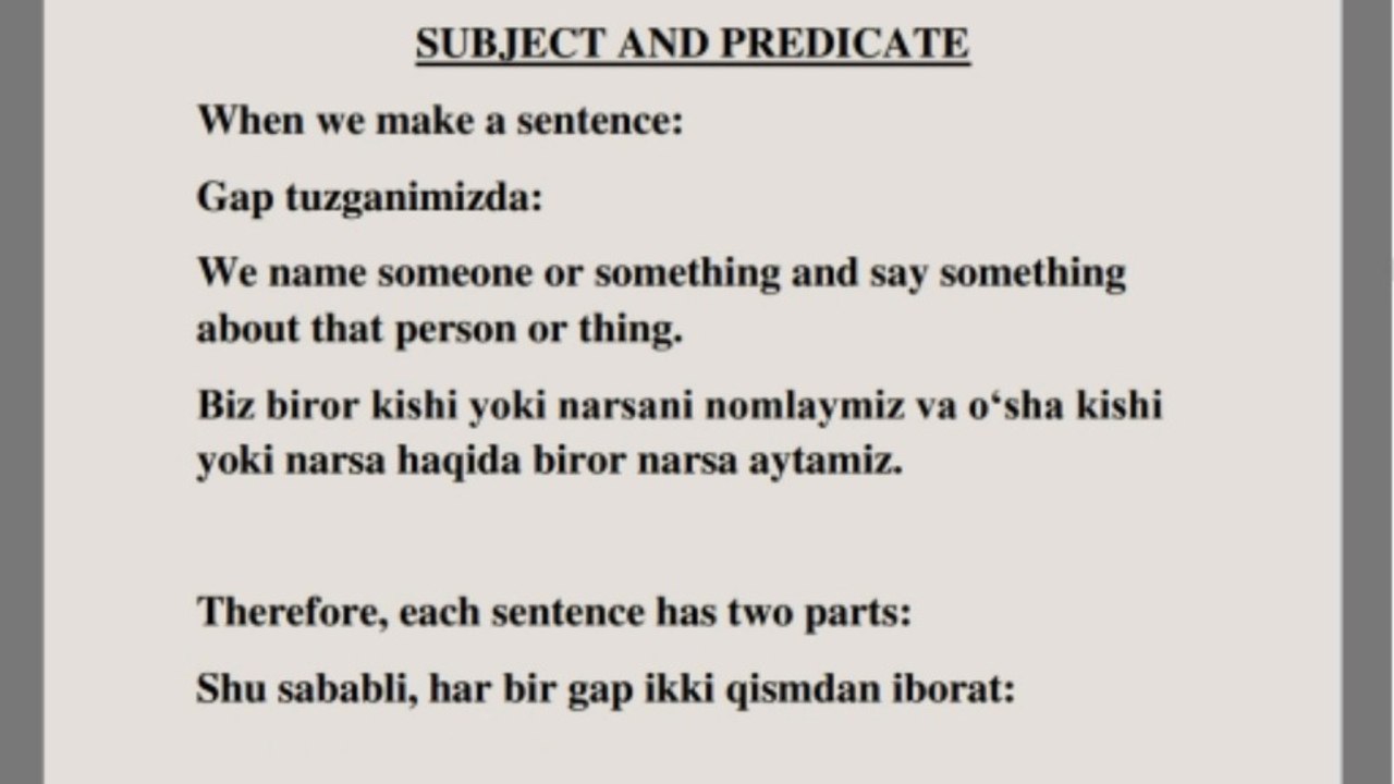 O‘zbek tilida ingliz tilini o‘rganing(Learn the concepts of subject, predicate, phrase, and sentence component (or subordinate clause) in your native language