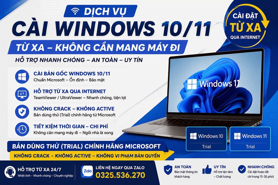 Dịch Vụ Cài Windows 10/11 Từ Xa | Bản Gốc Microsoft | Sửa Lỗi Game & Máy Tính